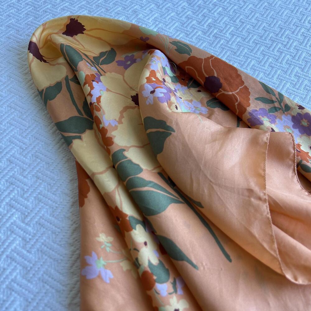 Vintage Silk? Floral Handmade Printed Scarf Orange White Yellow Square 24x24 - Picture 9 of 15